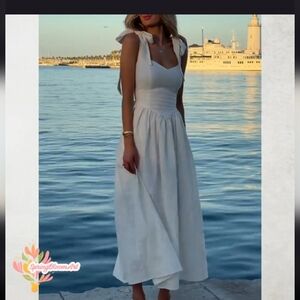 Chic Blush Eileen Fisher 100% Linen Midi Dress with Bow Straps